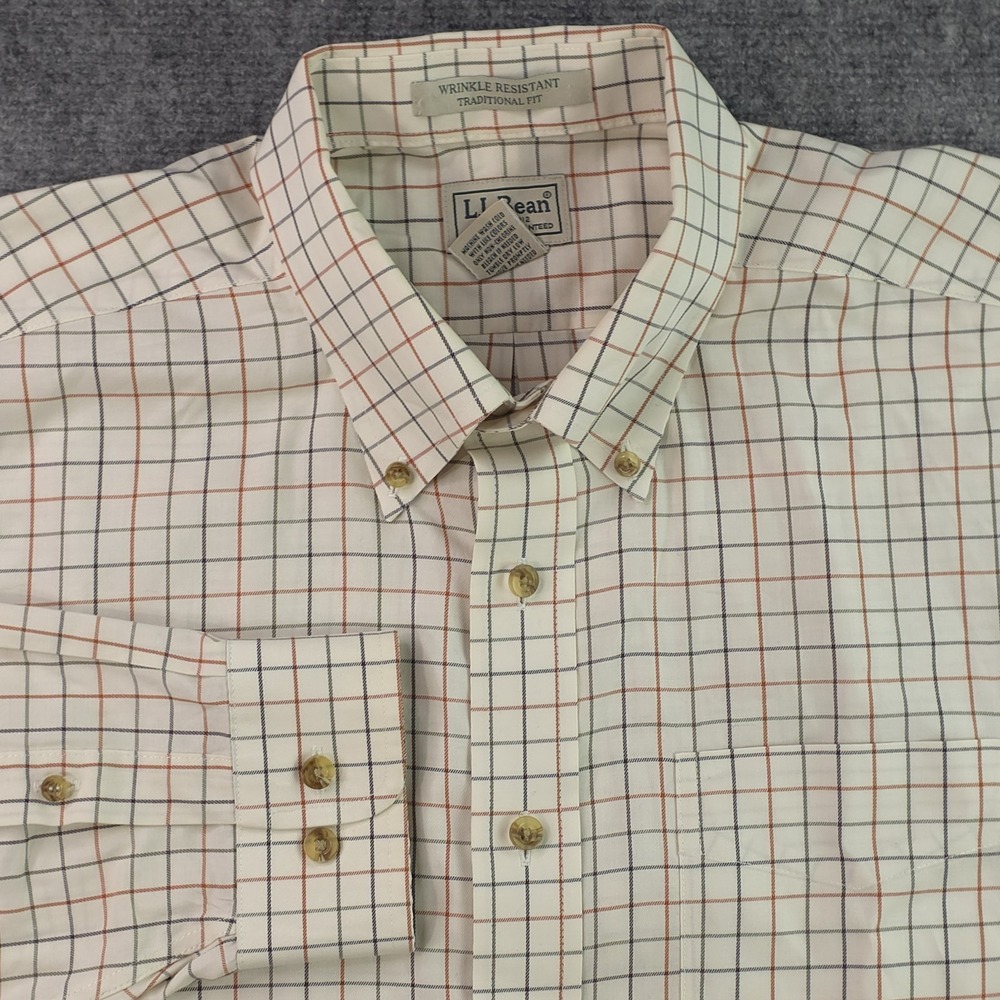 LL Bean Shirt Large Beige Multicolor Plaid Long‎ Sleeve Wrinkle Resistant Cotton
